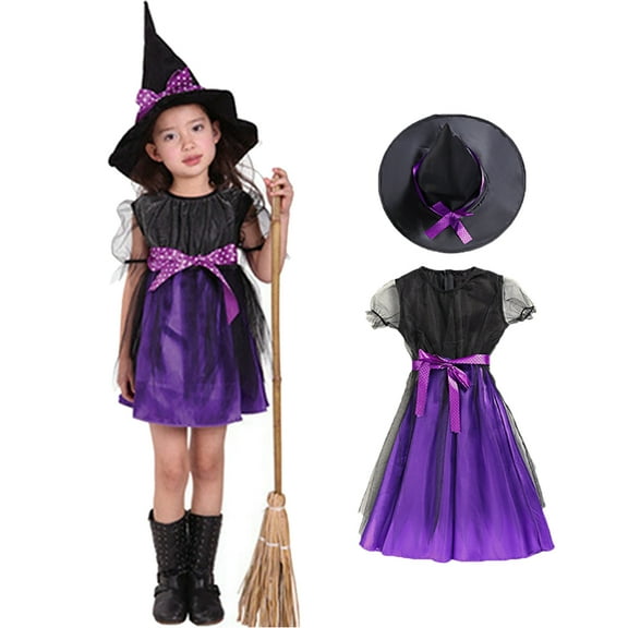 Xinhuaya 3-13T Halloween Witch Costume Set Dress Hat Broom Tutu Skirt for Halloween Cosplay Party