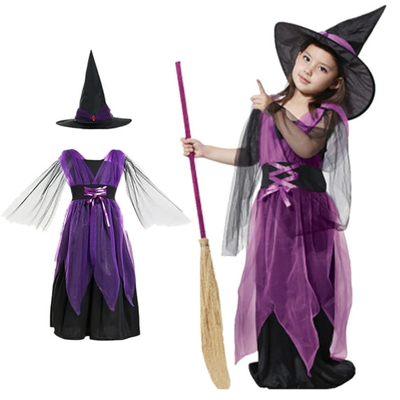 Xinhuaya 3-13T Halloween Witch Costume Set Dress Hat Broom Tutu Skirt for Halloween Cosplay Party