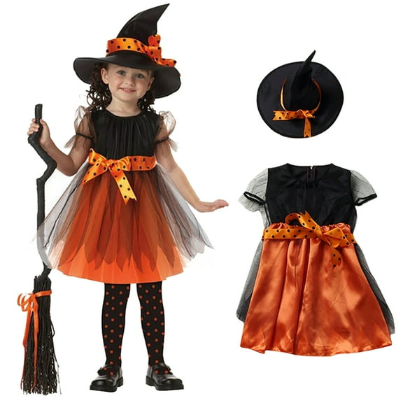 Xinhuaya 3-13T Halloween Witch Costume Set Dress Hat Broom Tutu Skirt for Halloween Cosplay Party