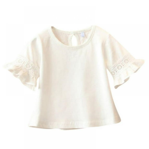 Xinhuaya Baby Girl Flare Sleeve Round Neck Print Lace Tops Shirts Kids Tops Summer Casual Blouse