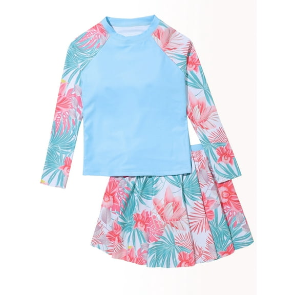 Xinhuaya Big Girls Swimsuit Two Piece Long Sleeve UPF50  Rash Guard Kids Bathing Suit 7-12 Years