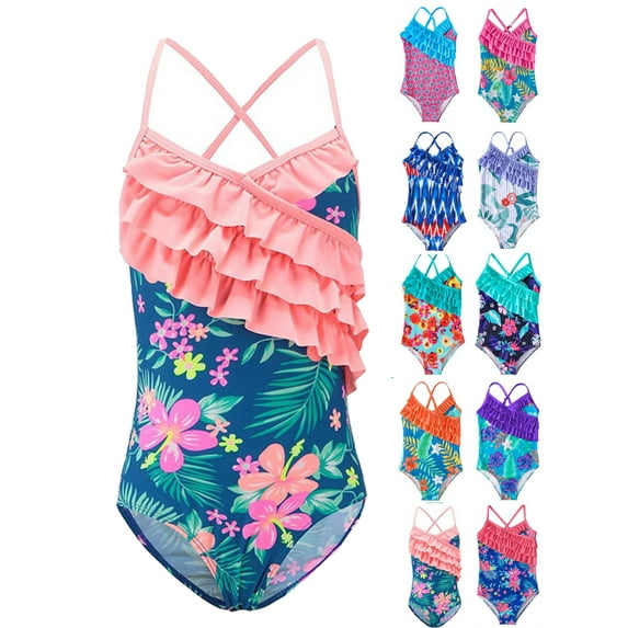 Xinhuaya Kids Girl One Piece Bikini Swimsuits Toddler Ruffle Bathing Suit Summer Outfits Set 4-12 Years