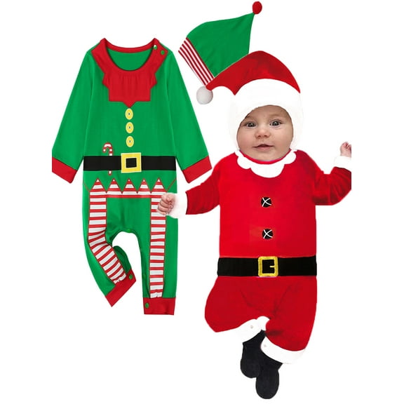 Xinhuaya Newborn Baby Santa Claus Outfits Toddler Boys Girls Christmas Cosplay Romper Bodysuit + Xmas Cap Hat 0-18 Months