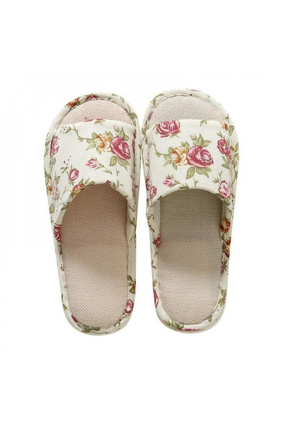 Women’s Linen Floral Open Toe House Slippers, Rose, Size 6-10