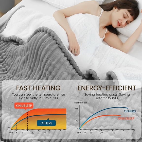 Xiniusleep Electric Blanket 62"x84", Soft Flannel Electric Throw with 5 Heating Level & 12 Times Setting, Heated Throw with Overheating Protection, Machine Washable(Light Grey)