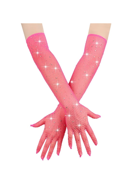 Ladies Stretchy Fishnet Long Gloves Sheer Mesh Full Finger Opera Gloves for Party Dress Up and Performance A112-Hot Pink One Size
