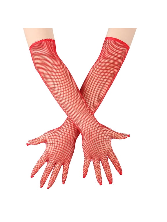 Sheer Mesh Long Fishnet Gloves Full Finger Opera Length Stretchy Gloves for Women and Special Occasions A111-Red One Size