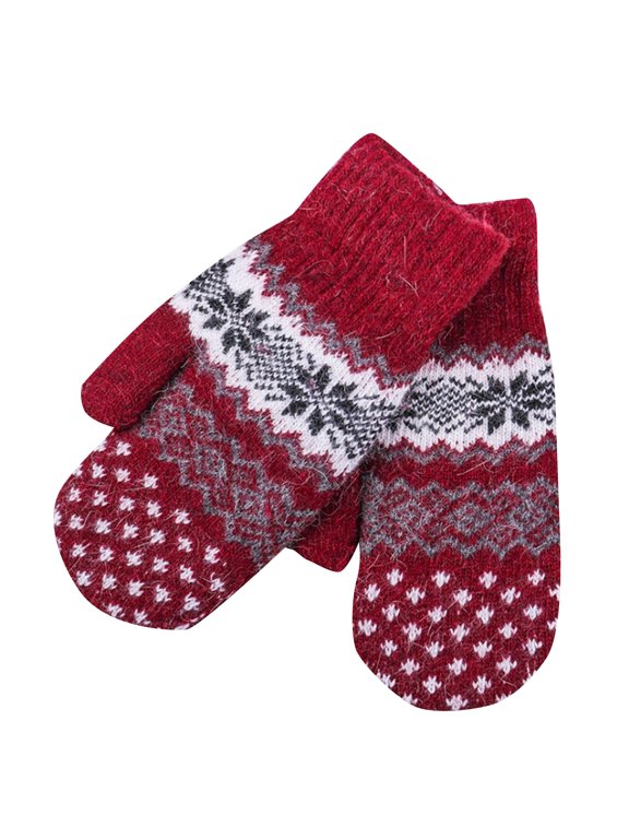 Soft Warm Knit Mittens for Women Classic Vintage Jacquard Pattern Winter Mittens Elastic Cuff Knitted Gloves for Cold Days A111-Red One Size