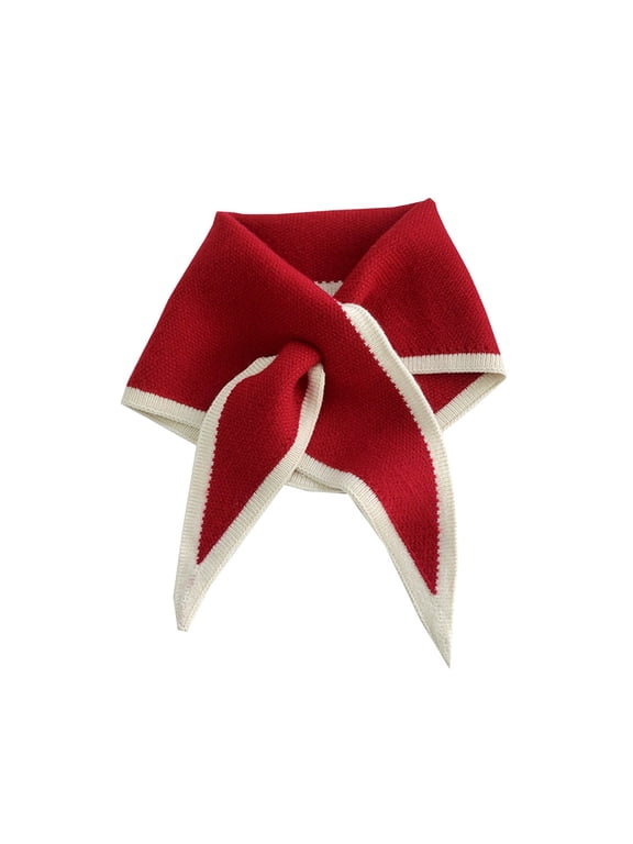 Women Knit Triangle Neck Scarf Color Block Edge Bandana Soft Stretchy Knitted Neck Wrap Small Winter Neck Scarf for Daily Outfits A111-Red One Size
