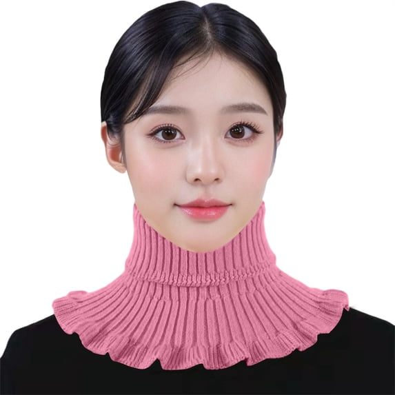 Xinmf Women Knitted False Turtleneck Collar Ruffled Edge Stretch Fake Neck Warmer Detachable Dickey Collar for Sweater Outfit A111-Pink One Size