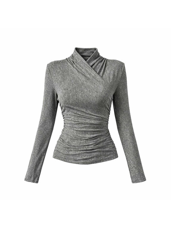 Women Ruched Mock Neck Wrap Tee,Long Sleeve,Solid Criss‑Cross Casual Top Gray M