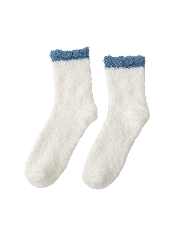 Women Soft Fuzzy Crew Socks Solid Plush Mid Calf Socks Warm Comfortable Socks for Multiple Indoor Cold Occasions A7-White One Size