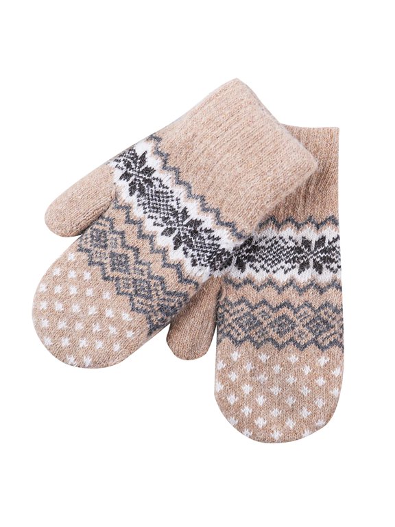 Women Winter Knit Mittens Retro Pattern Warm Knitted Mittens Elastic Cuff Cold Weather Gloves for Daily Outdoor A111-Beige One Size