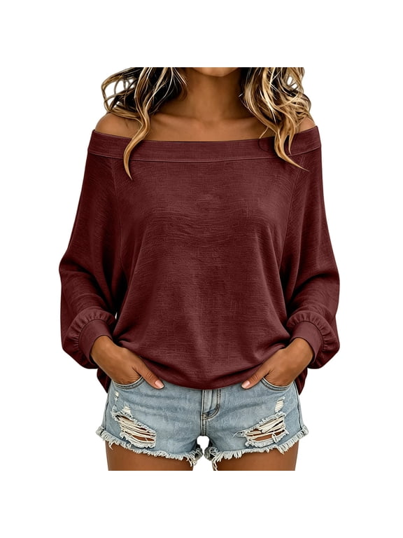 Women's Off Shoulder Long Sleeve Oversized Pullover Sweater Knit Jumper Loose Tunic Tops Wine S
