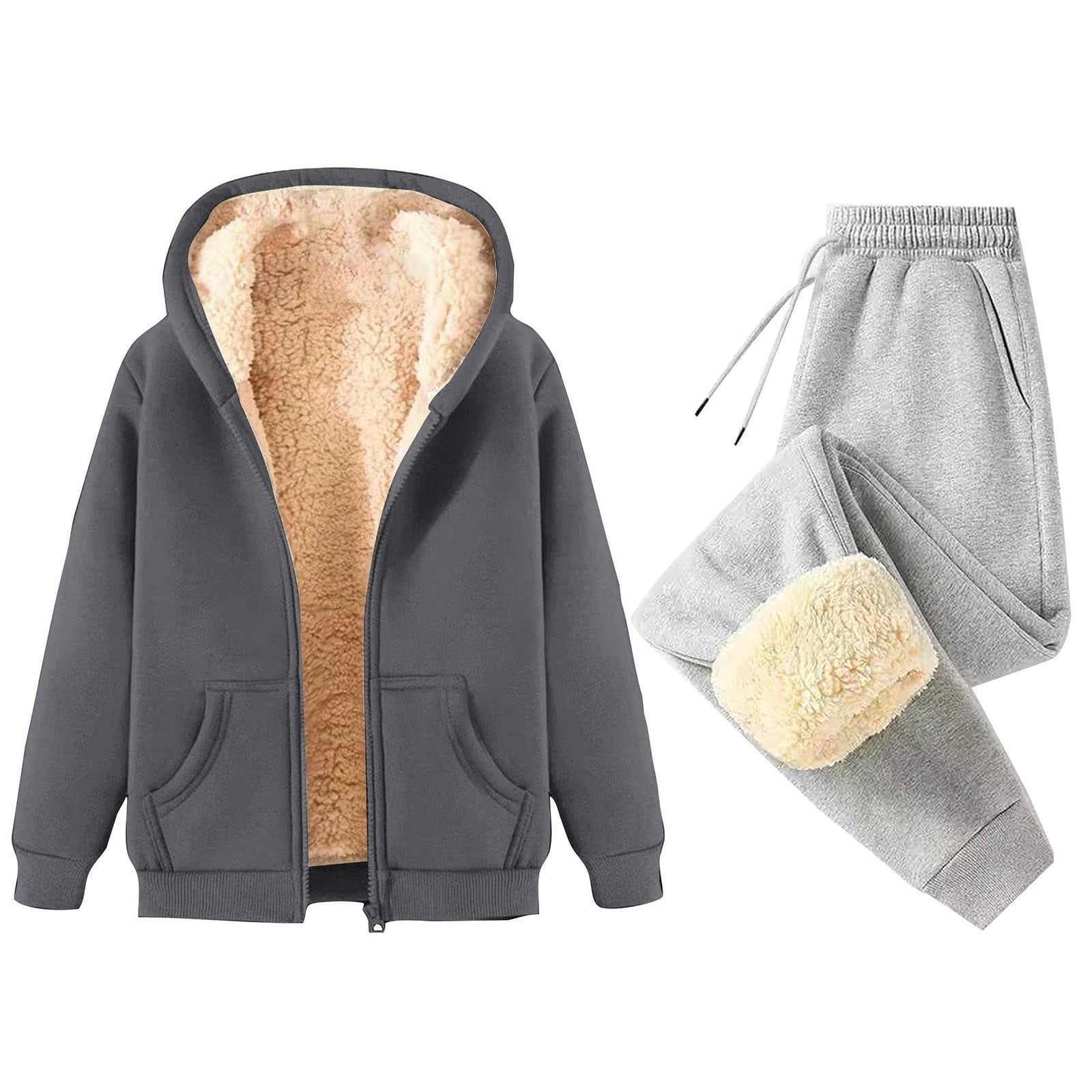 Xinmf Womens 2 Piece Fall Outfit Set Sherpa Lined Hooded Zip Front Coat ...
