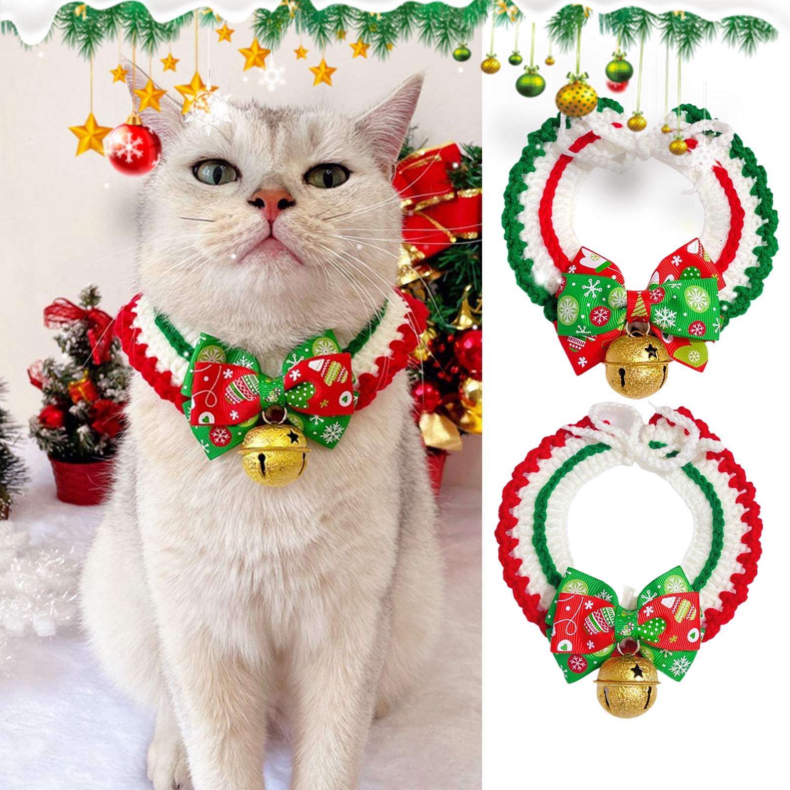 Xinmulight Christmas Pet Collar Friendly to Skin Exquisite Pattern Elastic Adjustable Non Irritating Dress Up Polyester Bow knot Style Pet Cat Collar