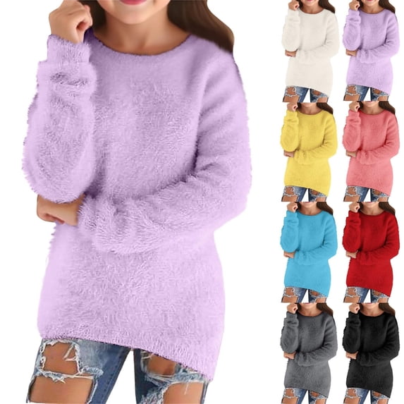 Xinoom Girls Fuzzy Teddy Knit Sweater, Long Sleeve Crew Neck Pullover, Soft Fluffy Loose Fit Jumper, Warm Cozy Fall Winter Top Black,120