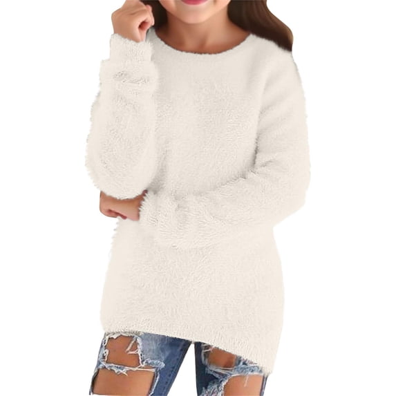 Xinoom Girls Fuzzy Teddy Knit Sweater, Long Sleeve Crew Neck Pullover, Soft Fluffy Loose Fit Jumper, Warm Cozy Fall Winter Top White,120