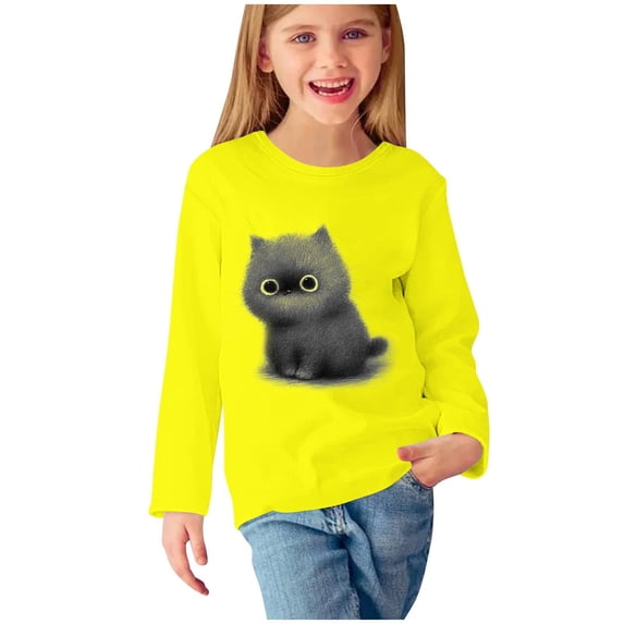 Xinoom Girls Long Sleeve Crew Neck T-Shirt, Fluffy Kitten Graphic Print Tee, Soft Stretchy Casual Pullover, Cute Fashion Top for Girls Yellow,9 Years