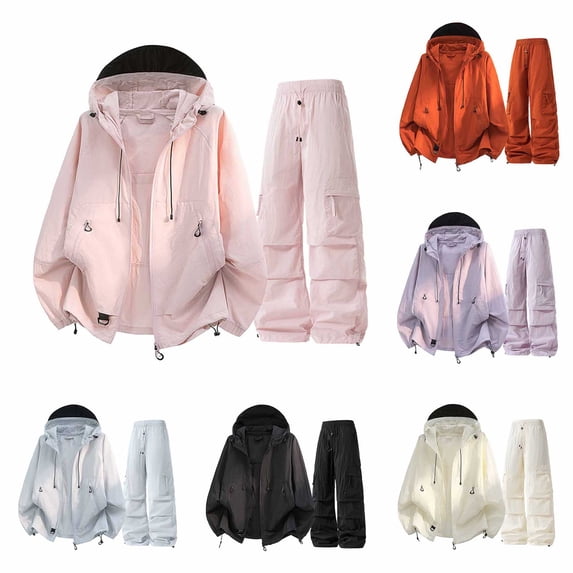 Xinoom Women 2‑Piece Outfit Sets,Long Sleeve Hooded Zip Up Windbreaker Jacket and Cargo Wide Leg Pants,Loose Lightweight Tracksuit for Outdoor Beige,L