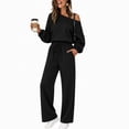 thumbnail image 1 of Xinoom Women 2 Piece Off Shoulder Tracksuit, Long Sleeve Slanted Shoulder Sweatshirt & Drawstring Wide Leg Pants with Pockets, Casual Matching Outfit Gift for Women Evening Party Black,M, 1 of 6