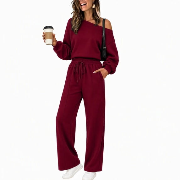 Xinoom Women 2 Piece Off Shoulder Tracksuit, Long Sleeve Slanted Shoulder Sweatshirt & Drawstring Wide Leg Pants with Pockets, Casual Matching Outfit Gift for Women Evening Party Wine,XXL
