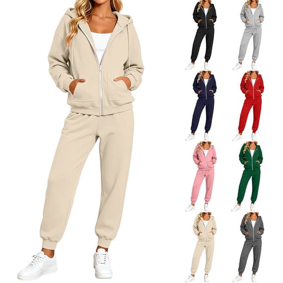 Xinoom Women 2 Piece Tracksuit, Full Zip Hooded Jacket with Pockets & Elastic Cuff Jogger Pants, Soft Casual Matching Outfit Gift for Ladies Daily Walking Family Gathering Beige,L