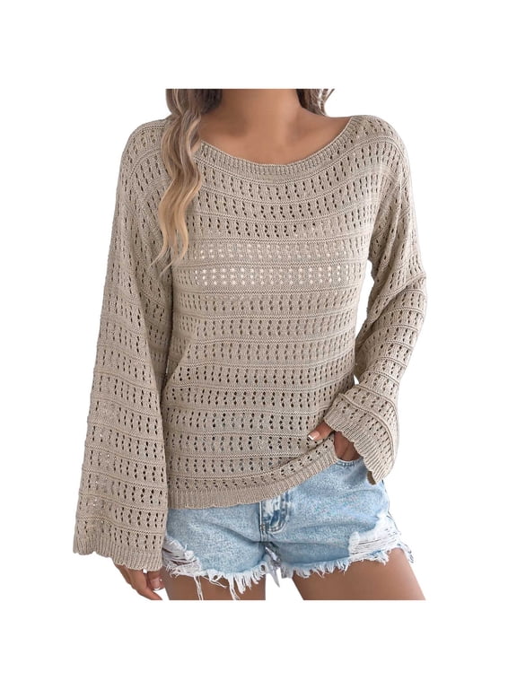 Women Boat Neck Knit Sweater, Long Sleeve Bell Flare Cuff, Hollow Out Openwork Texture, Lightweight Casual Top for Beach Vacation and Street Wear Khaki,S