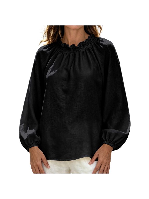 Women Bubble Sleeve Blouse, Ruffled Round Neck Long Lantern Sleeve Loose Shirt, Textured Flowy Tunic for Vacation and Casual Dinner Black,L