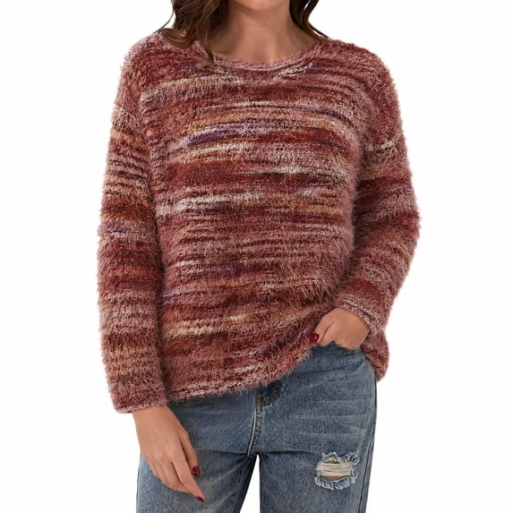Xinoom Women Crew Neck Heather Striped Fuzzy Knit Sweater, Long Sleeve Oversized Loose Pullover, Soft Textured Knitted Tops for Fall Winter Army Green,L