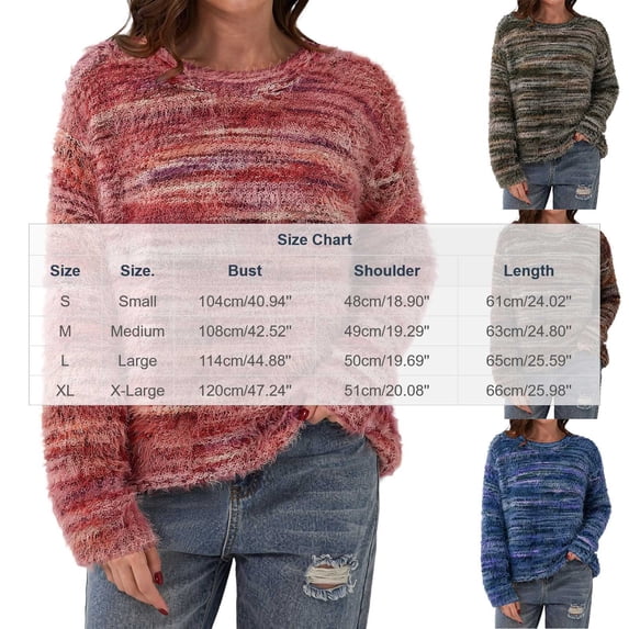 Xinoom Women Crew Neck Heather Striped Fuzzy Knit Sweater, Long Sleeve Oversized Loose Pullover, Soft Textured Knitted Tops for Fall Winter Blue,L