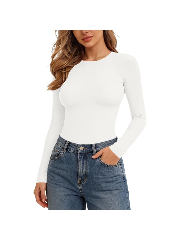 Women Crew Neck Long Sleeve Bodysuit, Slim Fitted Stretch Jumpsuit Tops, Smooth Soft Base Layer Bodysuits, Versatile Basic Shaping Bodysuit for Daily Casual Going‑out Wear White,S