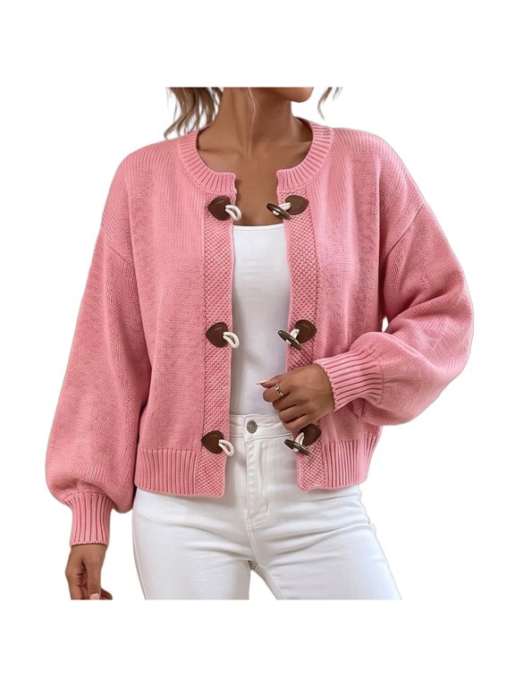 Women Crew Neck Toggle Button Knit Cardigan, Long Puff Sleeve Cropped Sweater, Relaxed Fit Knit Layering Top for Daily Gathering Pink,L