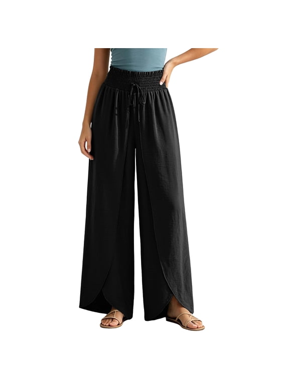 Women Crinkle Fabric Wide Leg Palazzo Pants, Smocked Elastic High Waist Casual Trousers, Flowy Split Front Hem Bottoms with Drawstring for Summer Beach Holiday Vacation Wear Black,L
