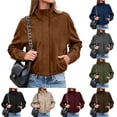 thumbnail image 1 of Xinoom Women Faux Suede Cropped Bomber Jacket, Stand Collar Full Zip Long Sleeve Loose Outer Coat with Side Pockets, Elastic Hem Casual Fall Street Outerwear Army Green,L, 1 of 8