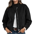 thumbnail image 1 of Xinoom Women Faux Suede Cropped Bomber Jacket, Stand Collar Full Zip Long Sleeve Loose Outer Coat with Side Pockets, Elastic Hem Casual Fall Street Outerwear Black,M, 1 of 8