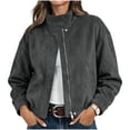 thumbnail image 1 of Xinoom Women Faux Suede Cropped Bomber Jacket, Stand Collar Full Zip Long Sleeve Loose Outer Coat with Side Pockets, Elastic Hem Casual Fall Street Outerwear Gray,S, 1 of 8