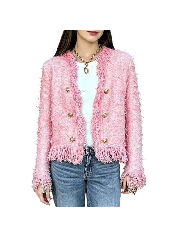 Women Fringe Tweed Cropped Blazer, V-Neck Double Breasted Long Sleeve Raw Edge Tassel Jacket, Elegant Party Outerwear Pink,M
