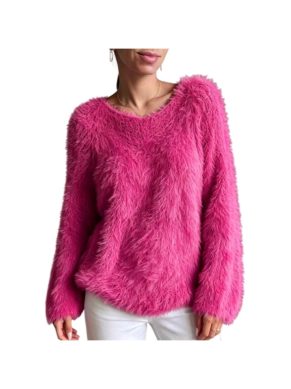 Women Fuzzy Shaggy Knit Sweater, Long Sleeve Round Neck Loose Pullover, Fluffy Cozy Relax Fit Jumper, Dressy Casual Knit Top for Party & Daily Look Hot Pink,S