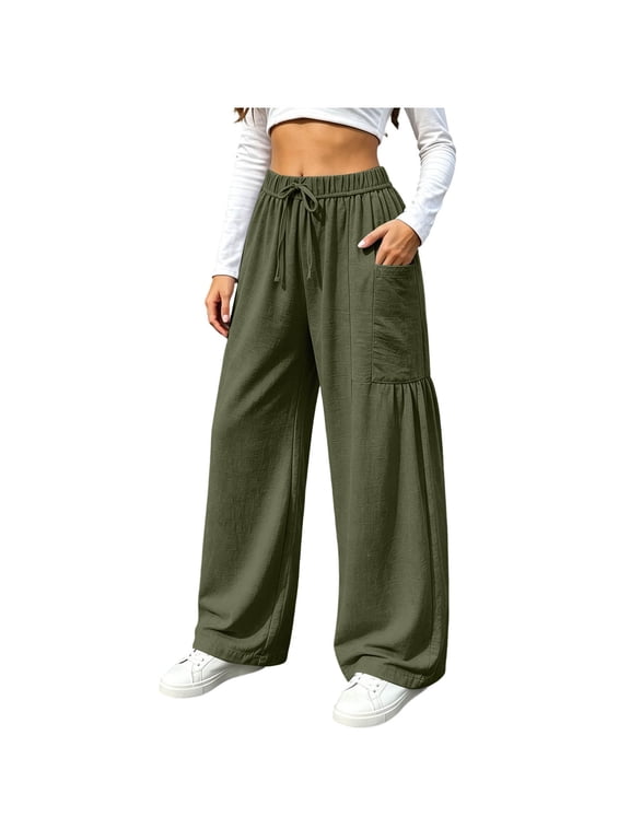Women Gauze Linen Wide Leg Pants, Elastic Drawstring High Waist Ruffle Hem Palazzo Trousers, Loose Flowy Bottoms with Big Pockets for Summer Beach Travel Street Shopping Army Green,XL