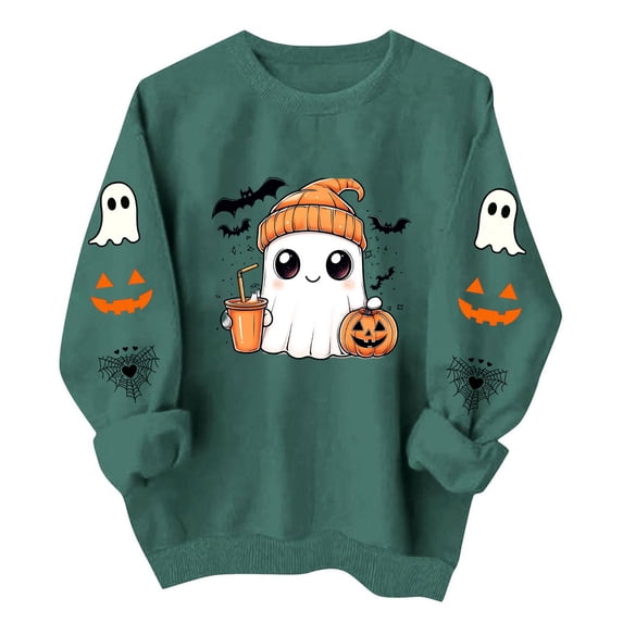 Xinoom Women Halloween Crewneck Pullover Sweatshirt, Cute Ghost Pumpkin Bat Pattern Long Sleeve Tops, Loose Fit Casual Shirts for Holiday Daily Wear Army Green,M