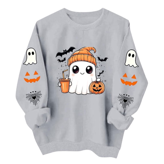 Xinoom Women Halloween Crewneck Pullover Sweatshirt, Cute Ghost Pumpkin Bat Pattern Long Sleeve Tops, Loose Fit Casual Shirts for Holiday Daily Wear Gray,L