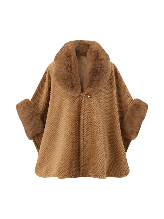 Women Herringbone Knit Cape Poncho, Oversized Faux Fur Lapel Collar Shawl Wrap with Buckle Fastener, Warm Fleece‑Lined Winter Layering Outerwear Brown,Free Size