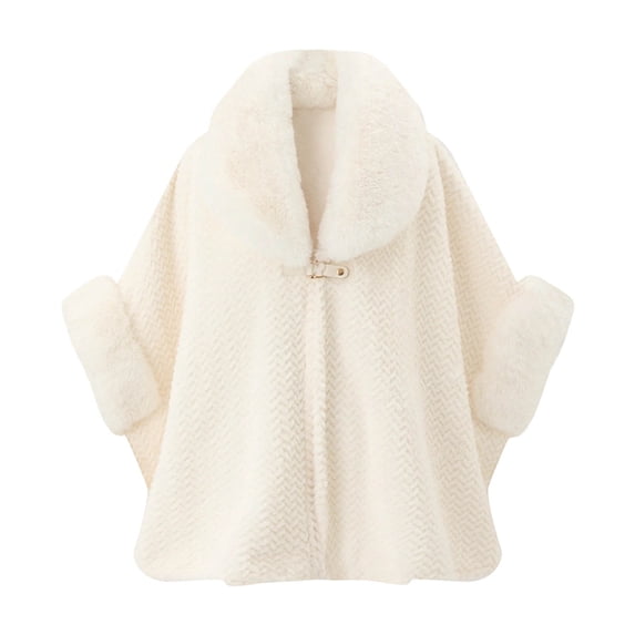 Xinoom Women Herringbone Knit Cape Poncho, Oversized Faux Fur Lapel Collar Shawl Wrap with Buckle Fastener, Warm Fleece‑Lined Winter Layering Outerwear White,Free Size