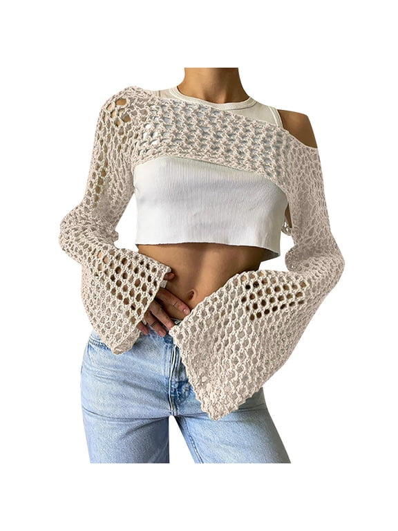 Women Hollow Crochet Knit Shrug Top, Off Shoulder Long Flare Sleeve Cropped Cover‑Up, Lightweight Knitted Pullover for Beach Party Casual Layering Outfits Beige,S