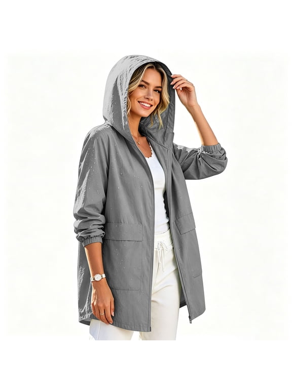Women Hooded Lightweight Anorak Jacket Long Sleeve Full Zip Mid Length Outer Coat with Big Patch Pockets Loose Fit for Travel Outdoor Daily Wear Dark Gray,XXXL