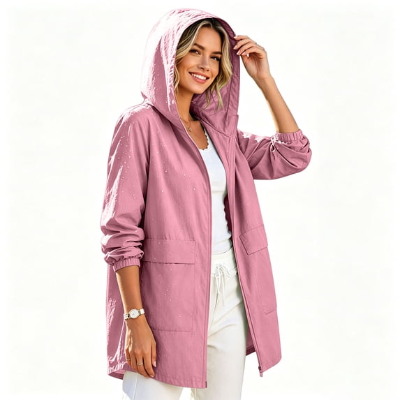 Xinoom Women Hooded Lightweight Anorak Jacket Long Sleeve Full Zip Mid Length Outer Coat with Big Patch Pockets Loose Fit for Travel Outdoor Daily Wear Pink,XXXL