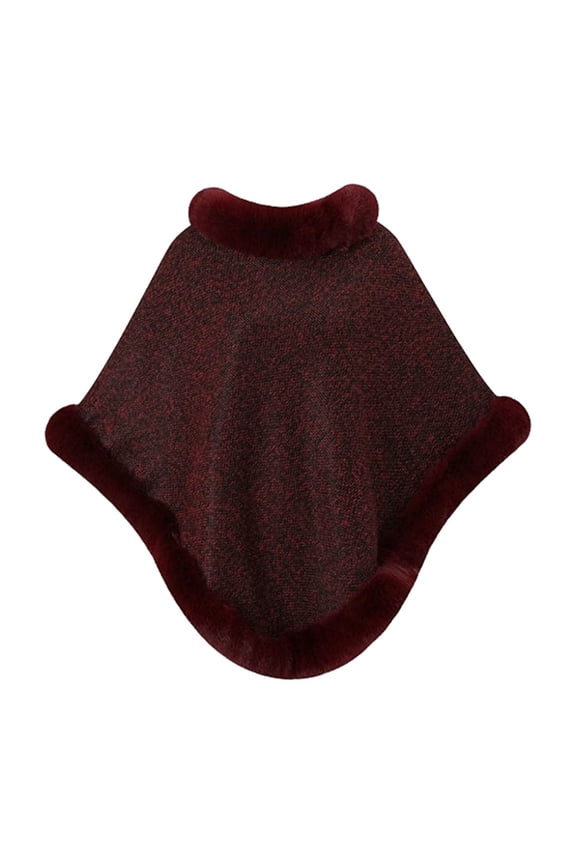 Women Knitted Cape Shawl Wrap, Faux Fur Trimmed Stand Collar Poncho Coat, Soft Woven Fabric Triangle Hem Warm Casual Layering Outerwear for Ladies Wine,Free Size