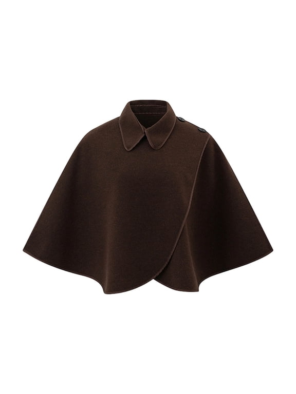 Women Lapel Collar Wool‑Blend Short Cape Poncho, Asymmetric Wrap Shawl with Side Buttons, Lightweight Versatile Layering Outerwear with Multiple Color Options Khaki,Free Size