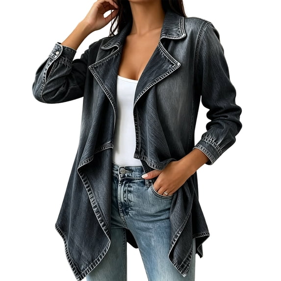 Xinoom Women Long Sleeve Lapel Waterfall Open Front Jacket, Asymmetric Draped Hem Lightweight Coat, Stitch Detail Casual Loose Fit For Daily Going‑Out Outerwear Dark Gray,M